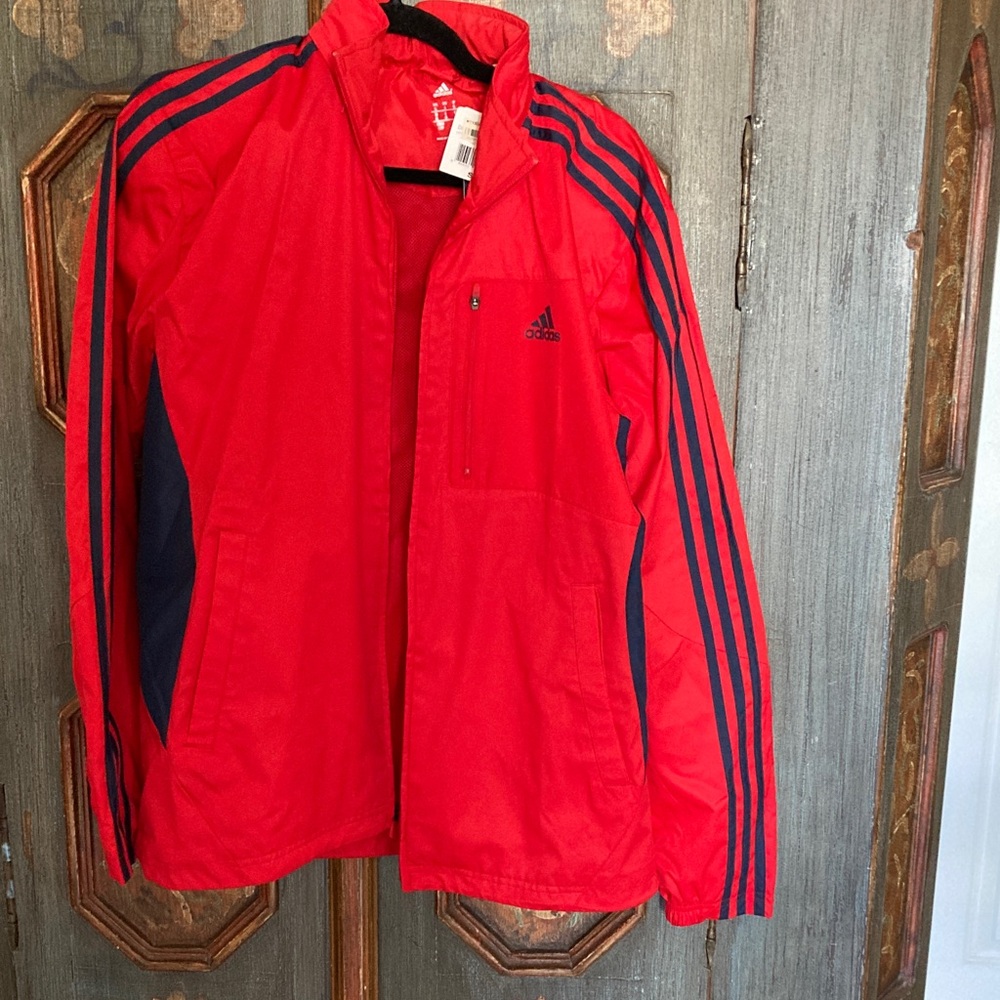 Adidas Men's Red Windbreaker with Navy Stripes